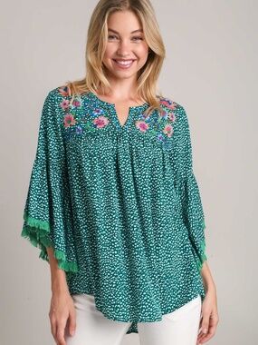 Umgee Embroidered Floral Boho Top NWT